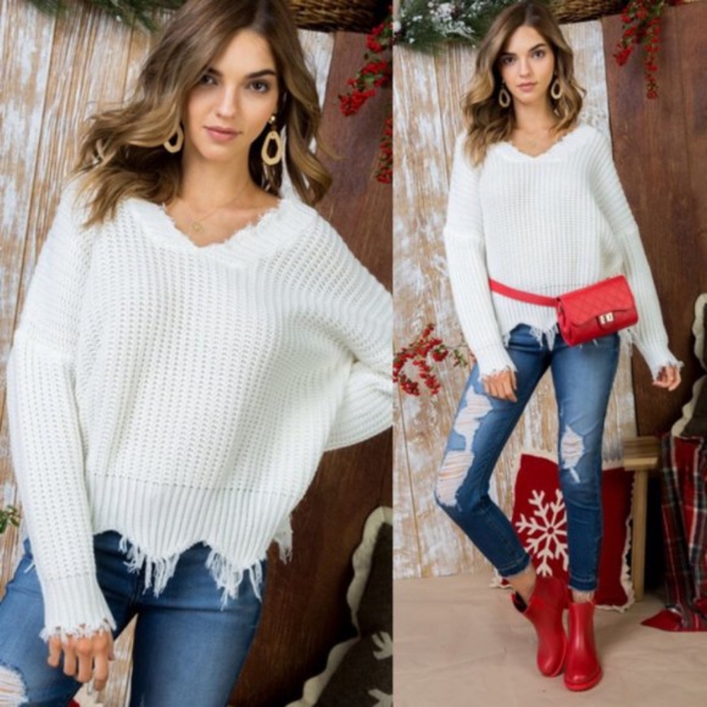 035 cozy v neck frayed hem distressed knit sweater - Picture 5 of 8